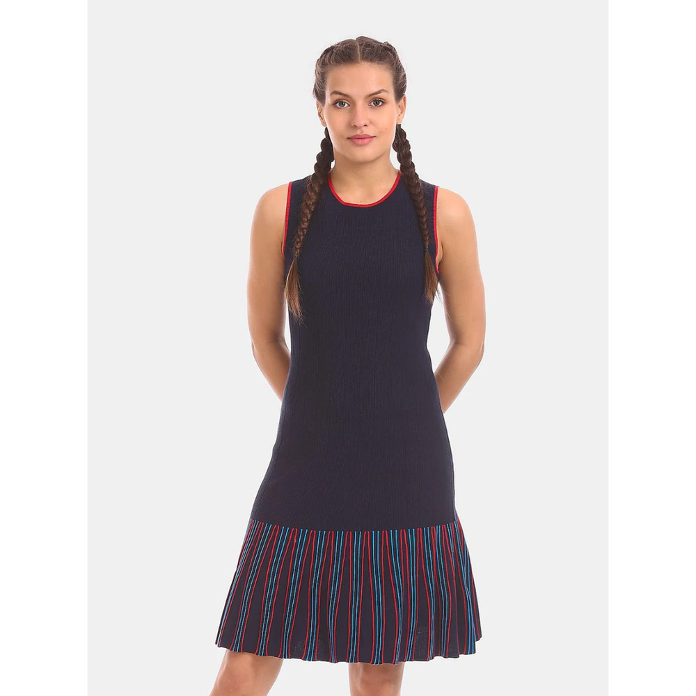 Tommy‎ Hilfiger Women Medium Dress Contrast Stripe Drop Waist Sleeveless Navy